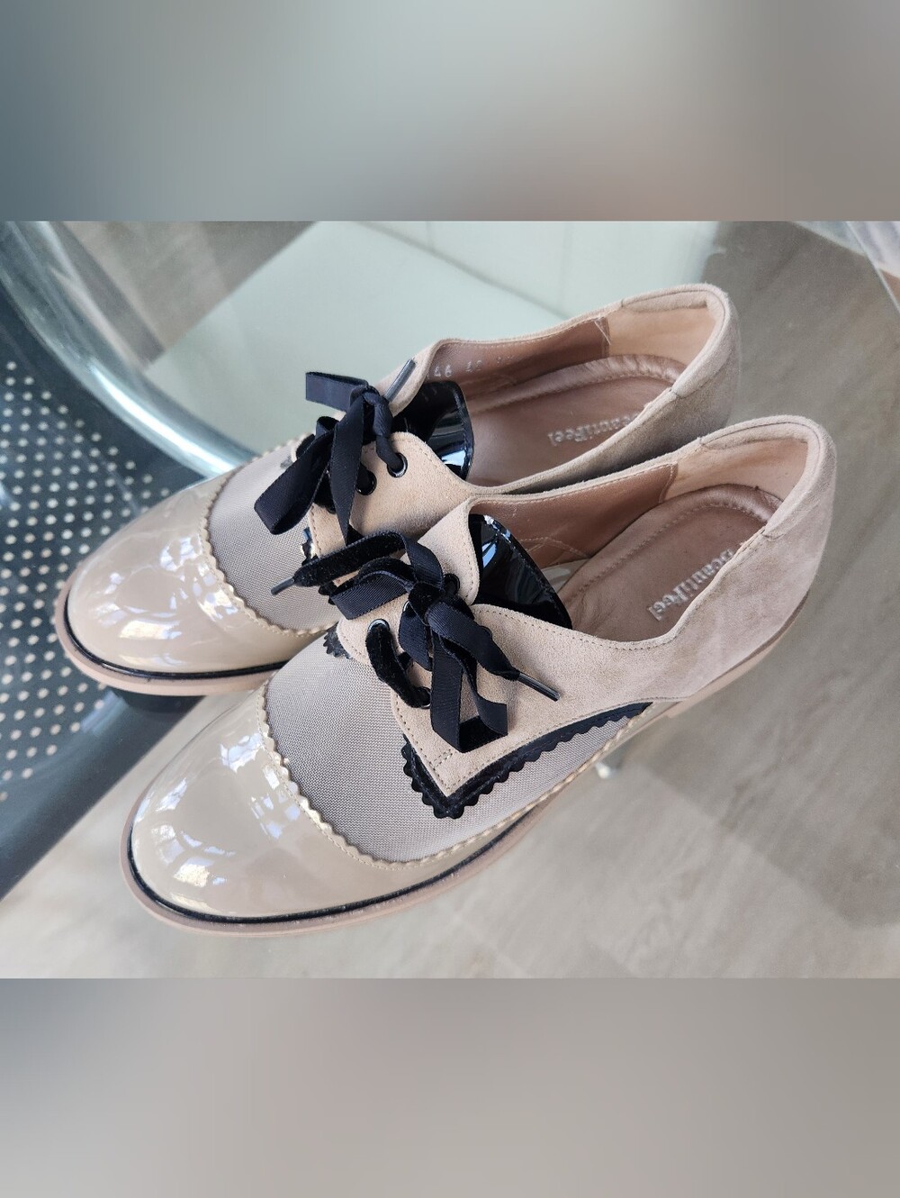BeautiFeel Beige and Black Patent Suede Lace-Up Oxfords